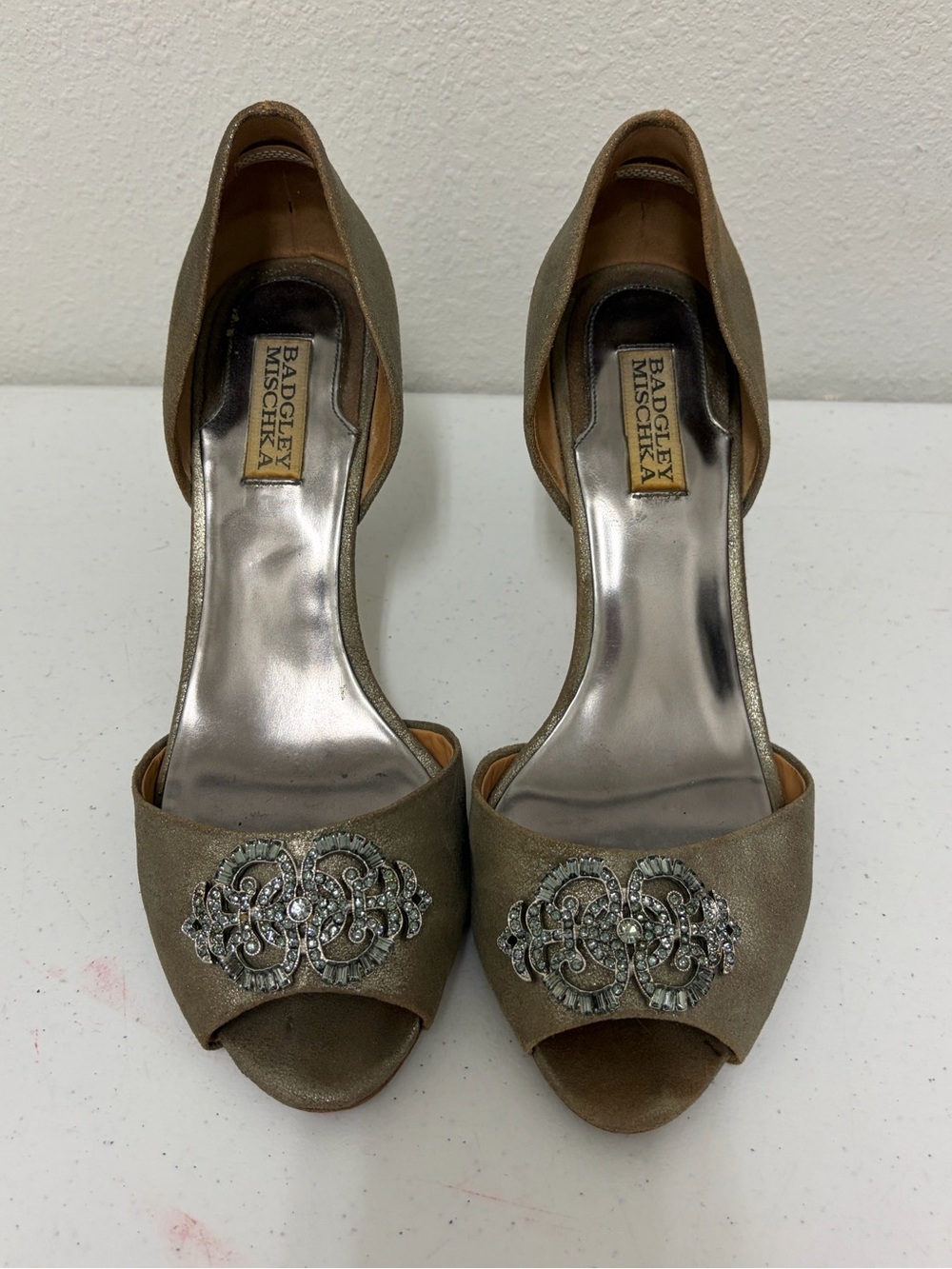 Badgley Mischka Metallic Gold Open-Toe Heels with Crystal Medallions